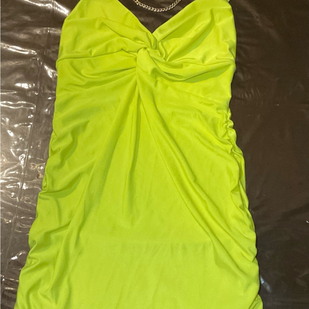 Vibrant Lime-Green Ruched Dress